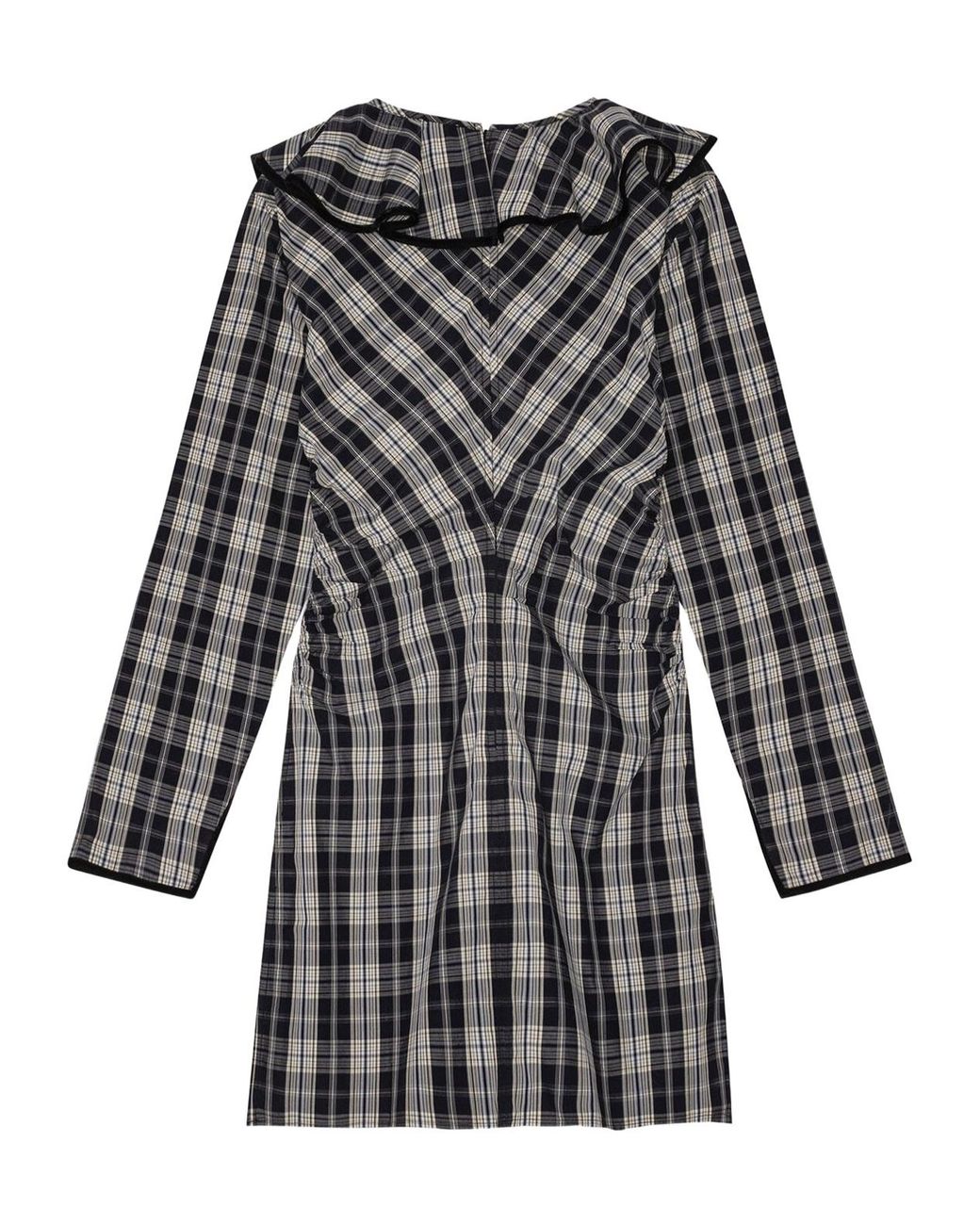 Ganni Black Checkered Cotton Ruffle V-Neck Mini Dress