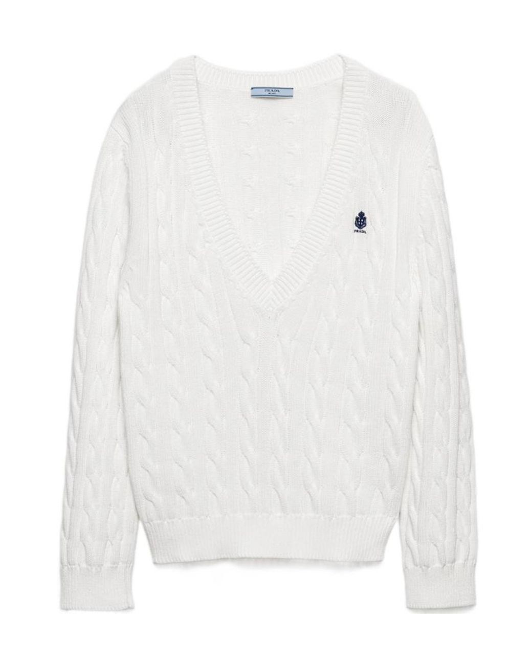 Prada White Cable-Knit V-Neck Knitted Jumper