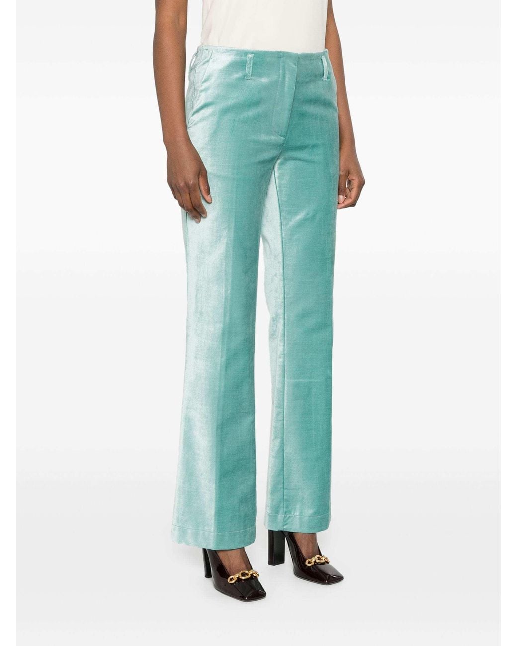 Forte_forte Green Cotton Viscose Stretch Velvet Trumpet Shaped Pants