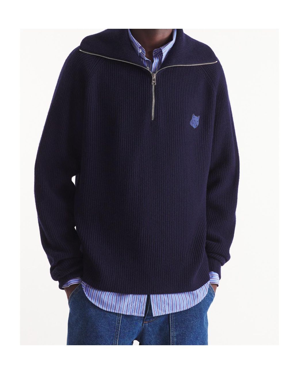 Maison Kitsuné Blue Maison Kitsuné Fox-Patch Long-Sleeved Waffle-Knitted Jumper for men