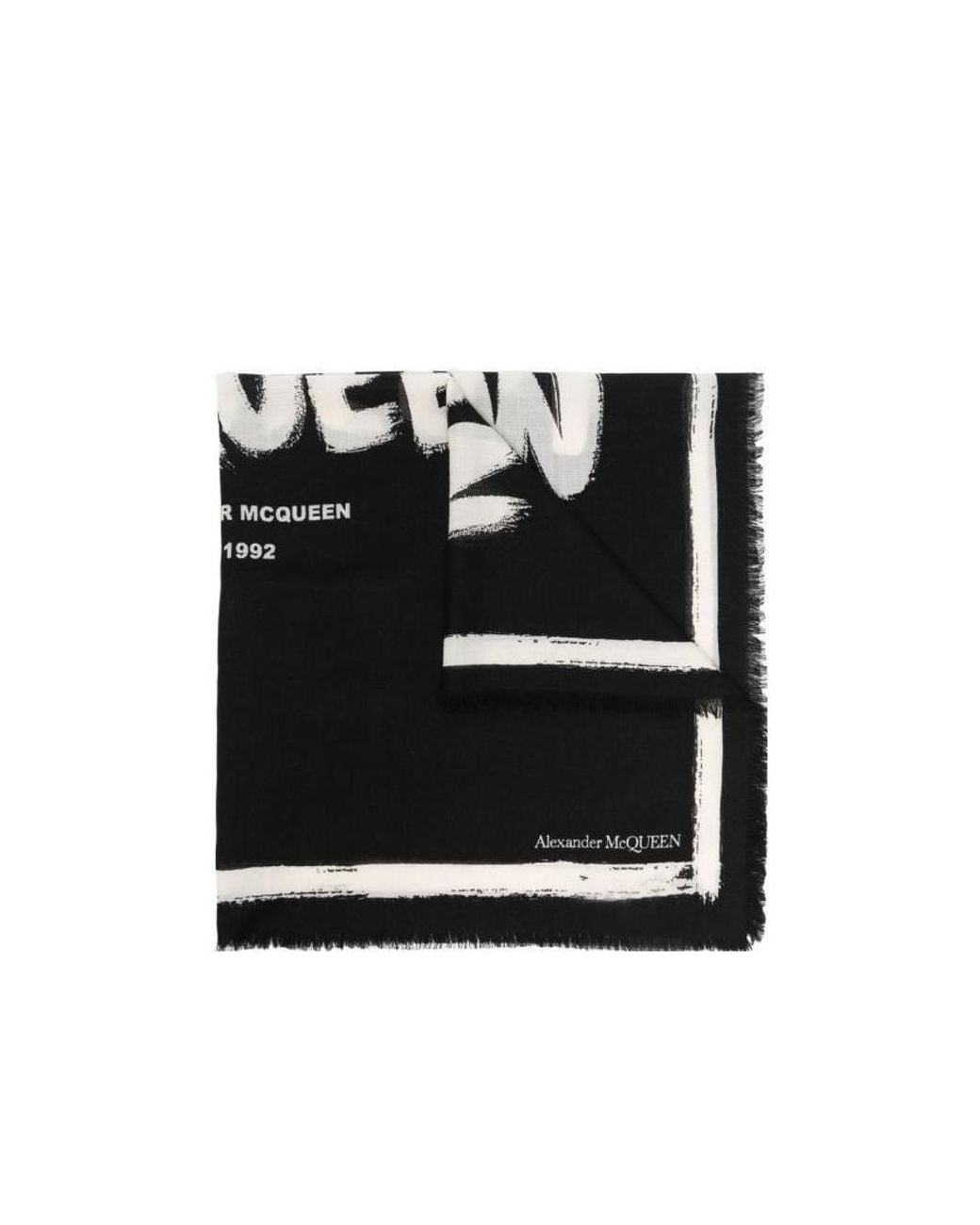McQueen Black Graffiti-Printed Frayed Edge Scarf