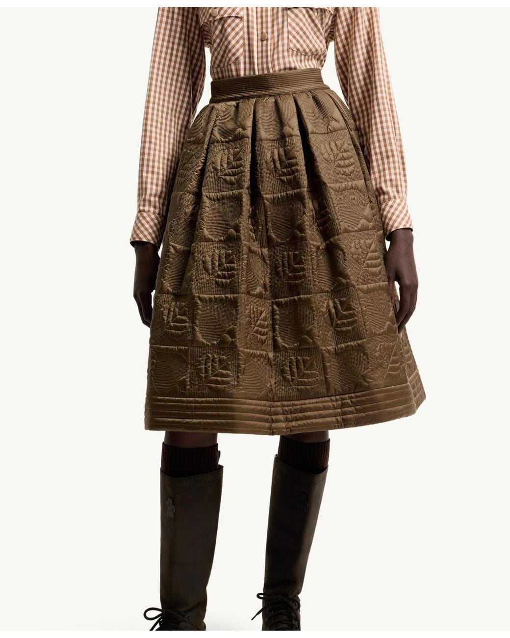 Moncler Green Leaf-Quilted Padded A-Line Skirt