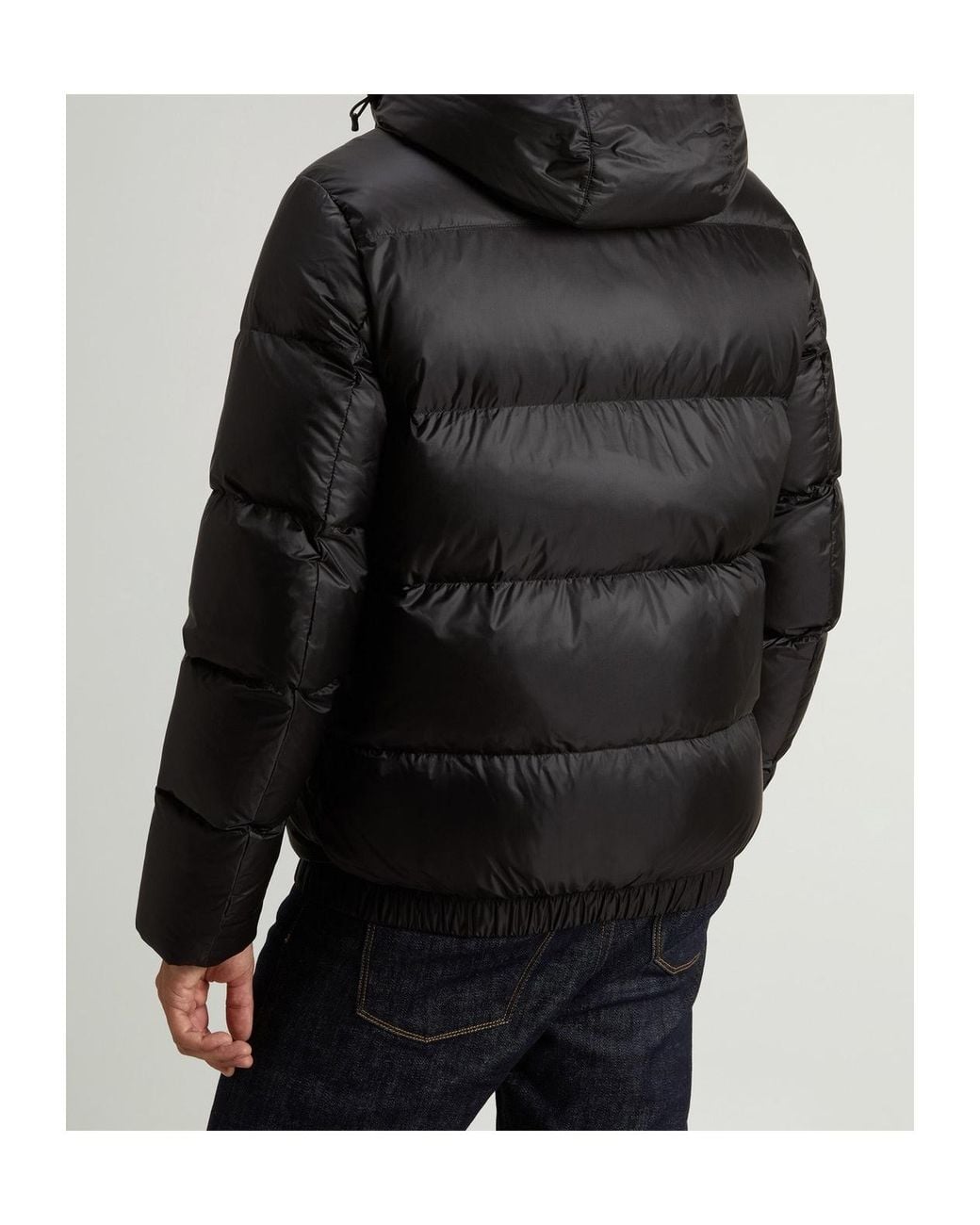 Woolrich Black Striped Quilted Hooded Jacket With Drawstring & Concealed Two-Way Zip for men