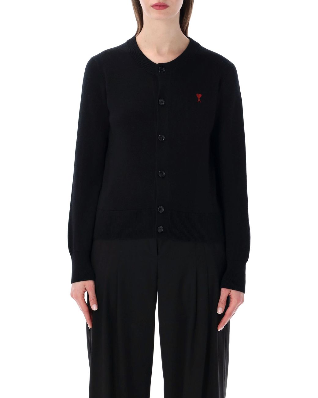 AMI Blue Heart-Embroidered Button Wool Cardigan