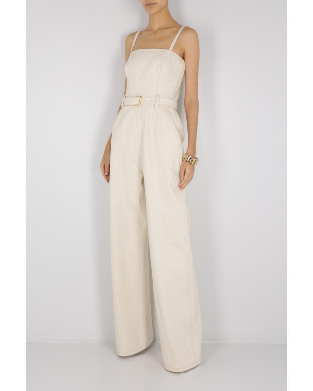 Prada White Belted-Waist Sleeveless Tailored Jumpsuit