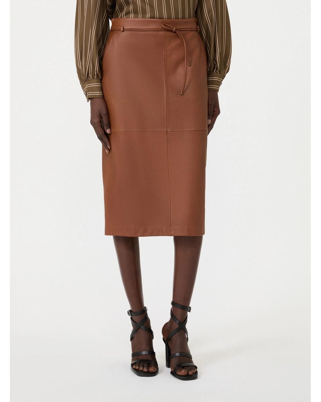 Max Mara Brown Mxmfantino Belted Leather Midi Skirt