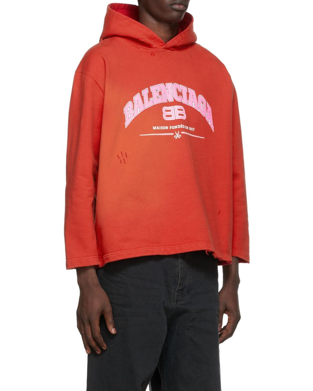 Balenciaga Red Distressed Logo Printed Hoodie