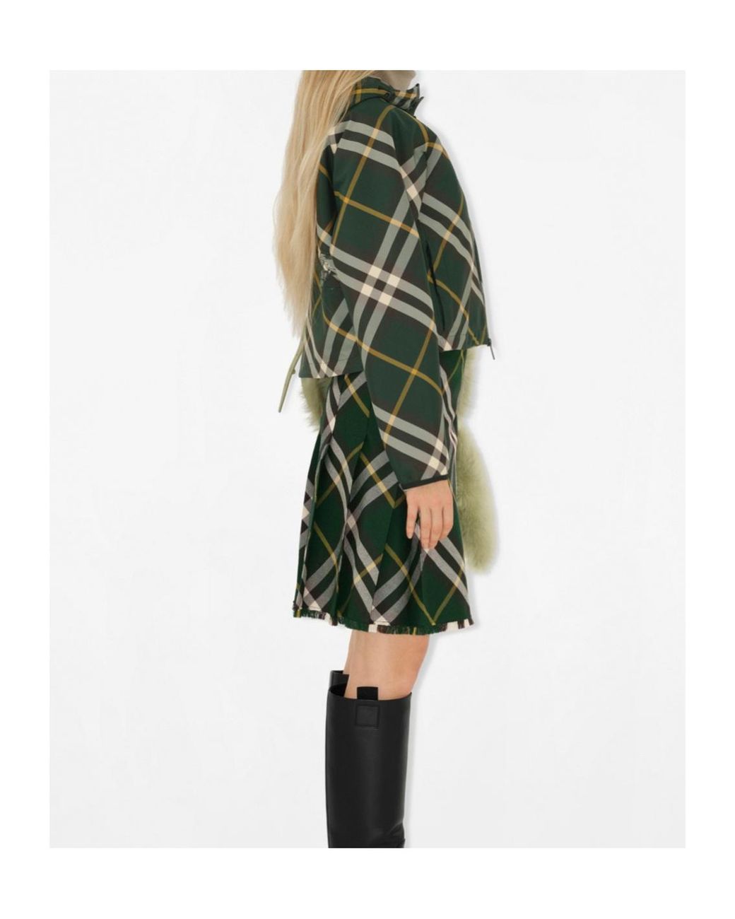 Burberry Green Check-Pattern Zip-Up Hooded Cropped Jacket
