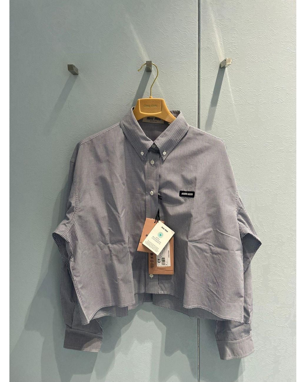 Miu Miu Gray Checked Poplin Cropped Shirt