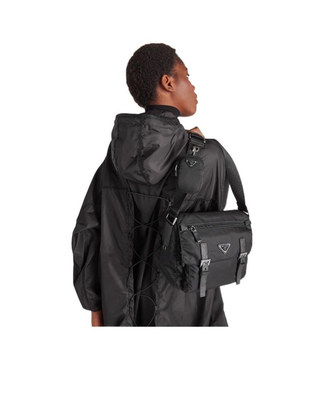 Prada Black Logo Patch Zip-Up Shoulder Bag