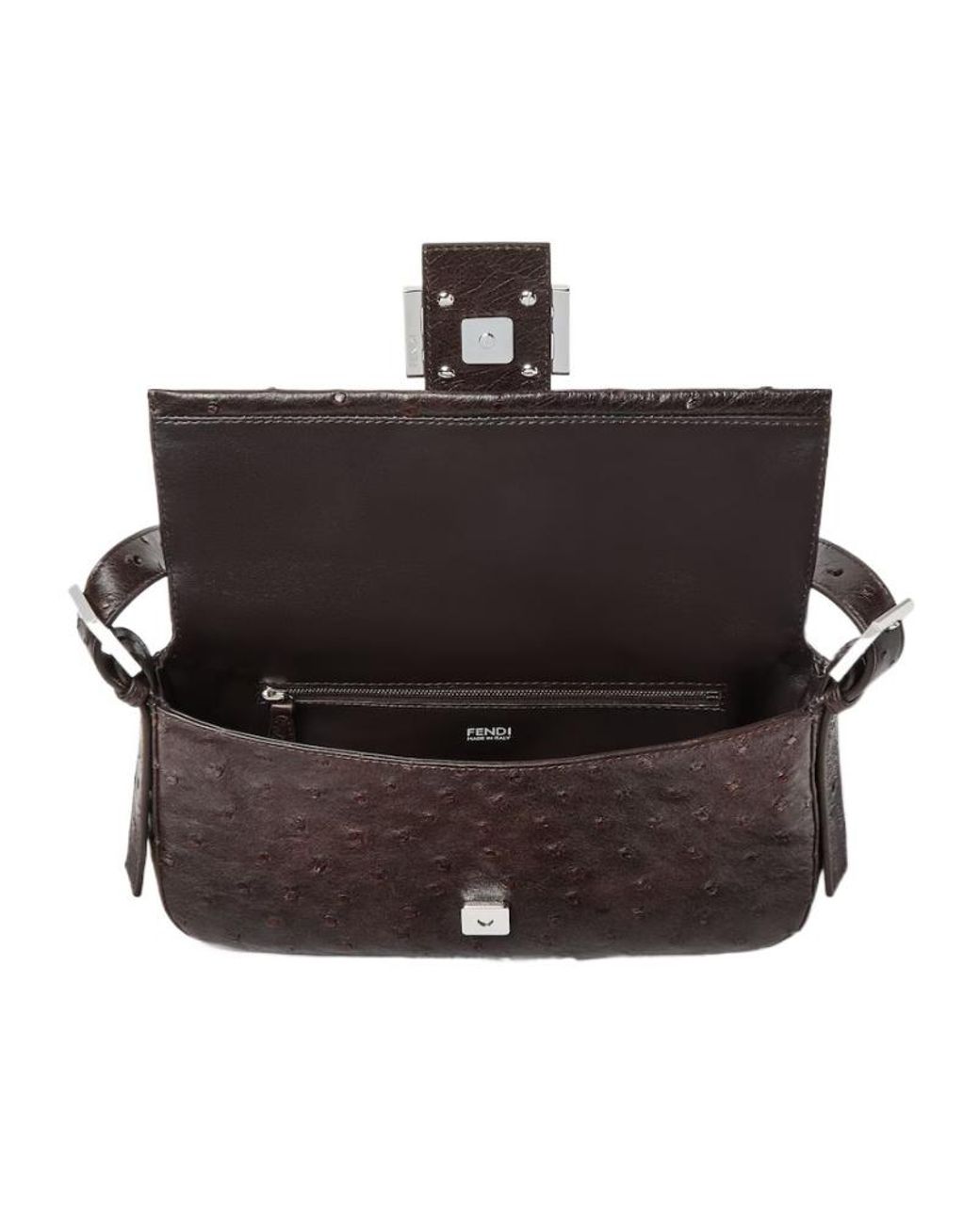 Fendi Black Baguette 26424 Dark Ostrich Leather Bag