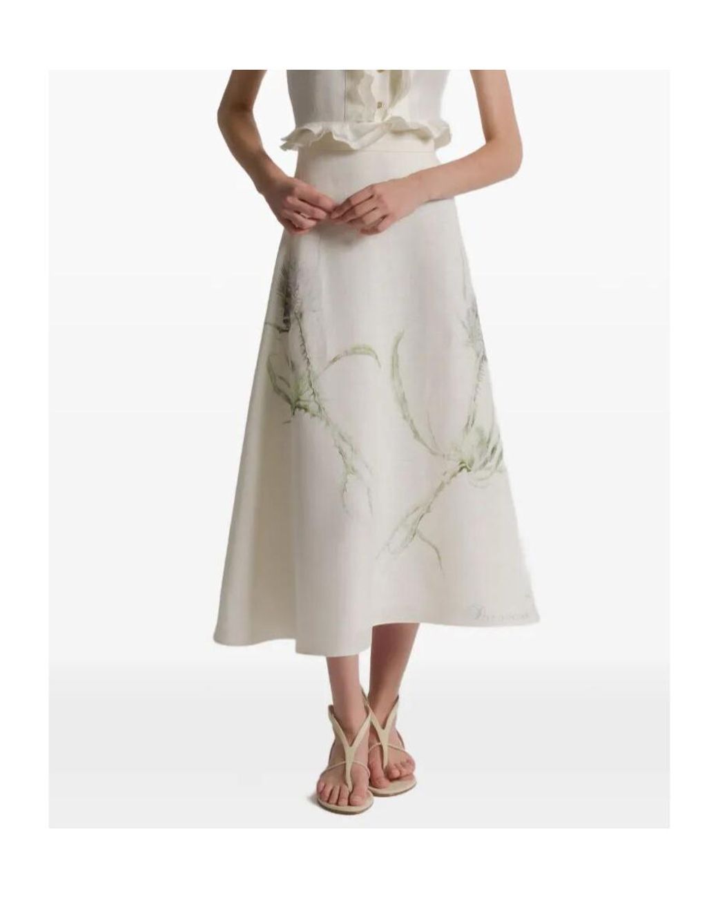 Alberta Ferretti White Linen Midi Skirt With A Floral Pattern