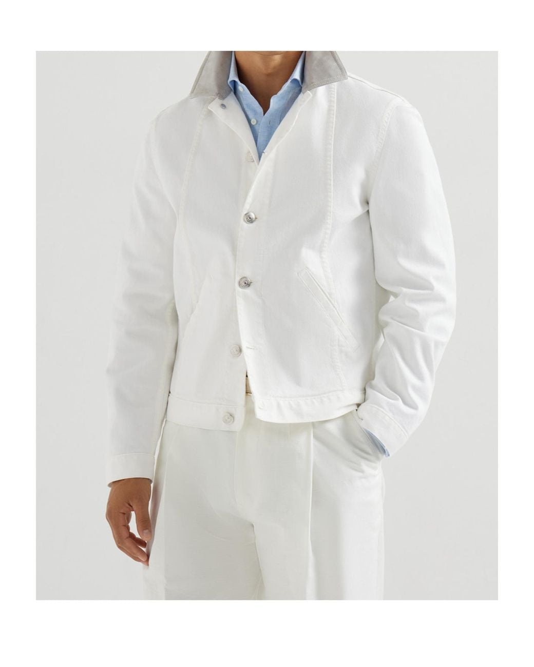 Brunello Cucinelli White Buttoned Denim Jacket for men
