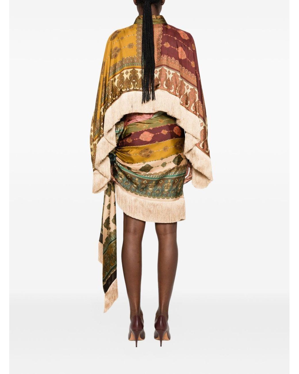 Zimmermann Metallic Scarf Print Fringed Wrap Mini Dress