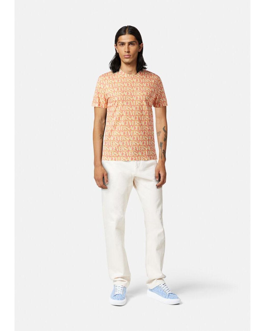 Versace Pink Allover Logo-Printed Crewneck T-Shirt for men
