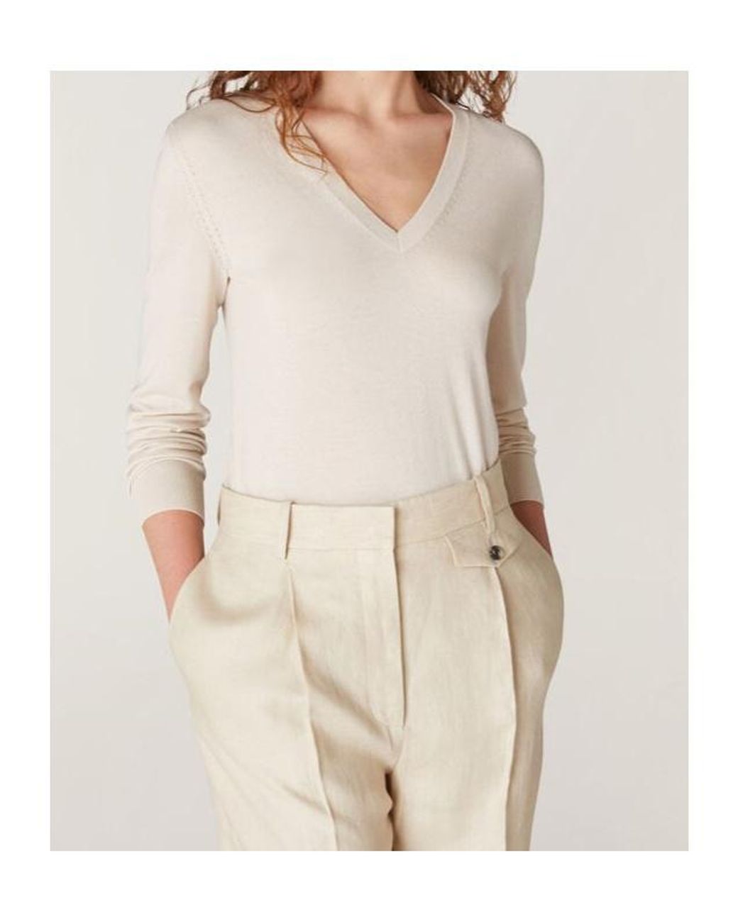Loro Piana White V-Neck Long-Sleeved Top