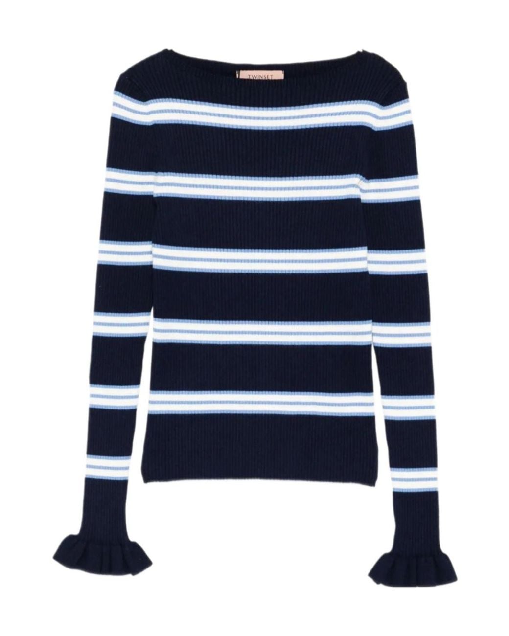 Twinset Blue Ruffled Cuff Striped Knitted Sweater