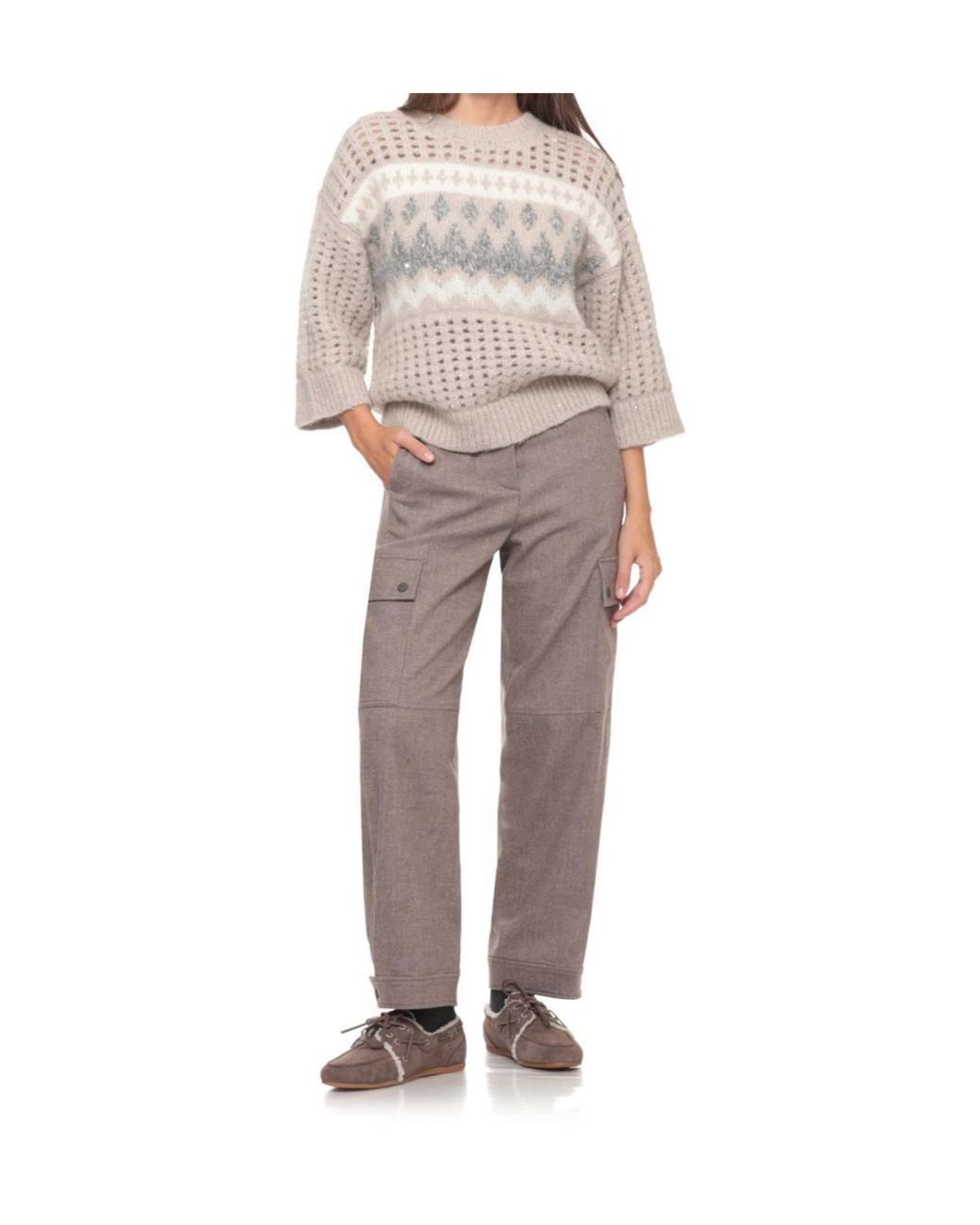 Peserico White Textured Fair Isle Knitted Sweater