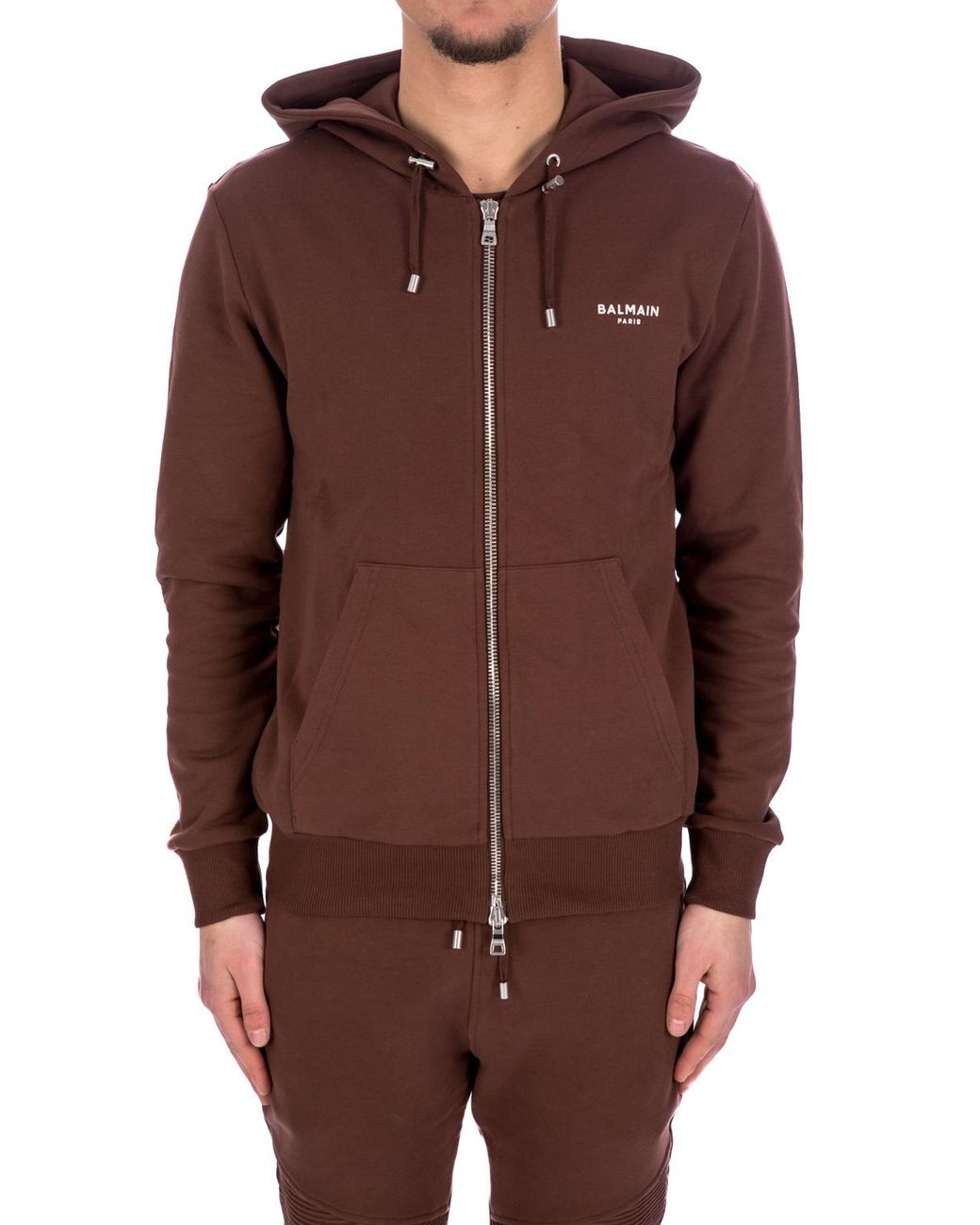Balmain Brown Zipped Logo Printed Hoodie for men