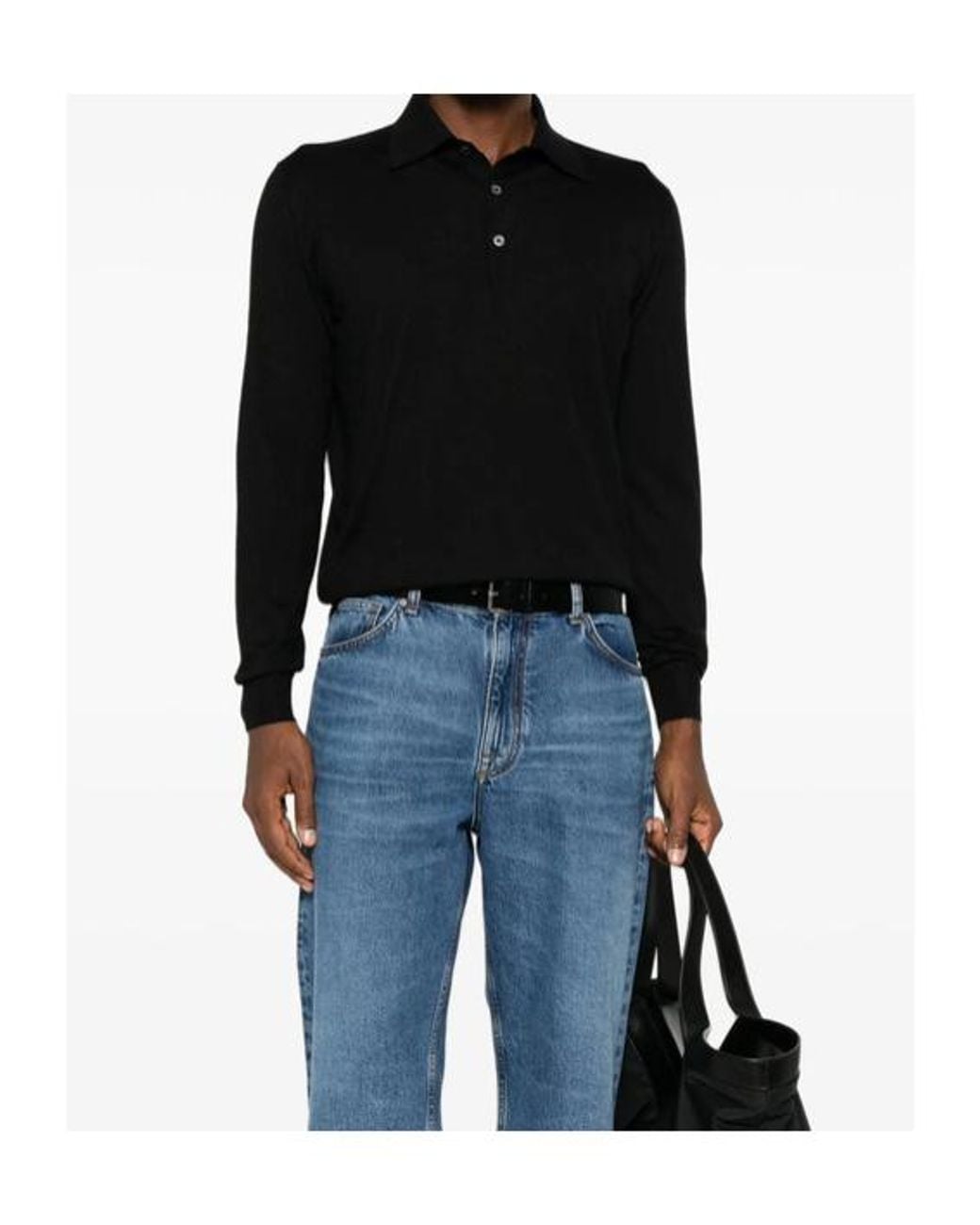 Fedeli Black Long-Sleeve Polo Sweater for men