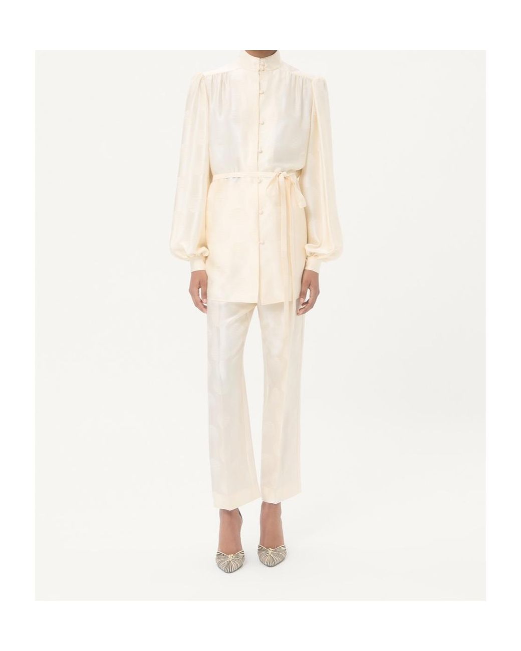 Valentino White Jacquard Polka Dot Patterned Belted Shirt