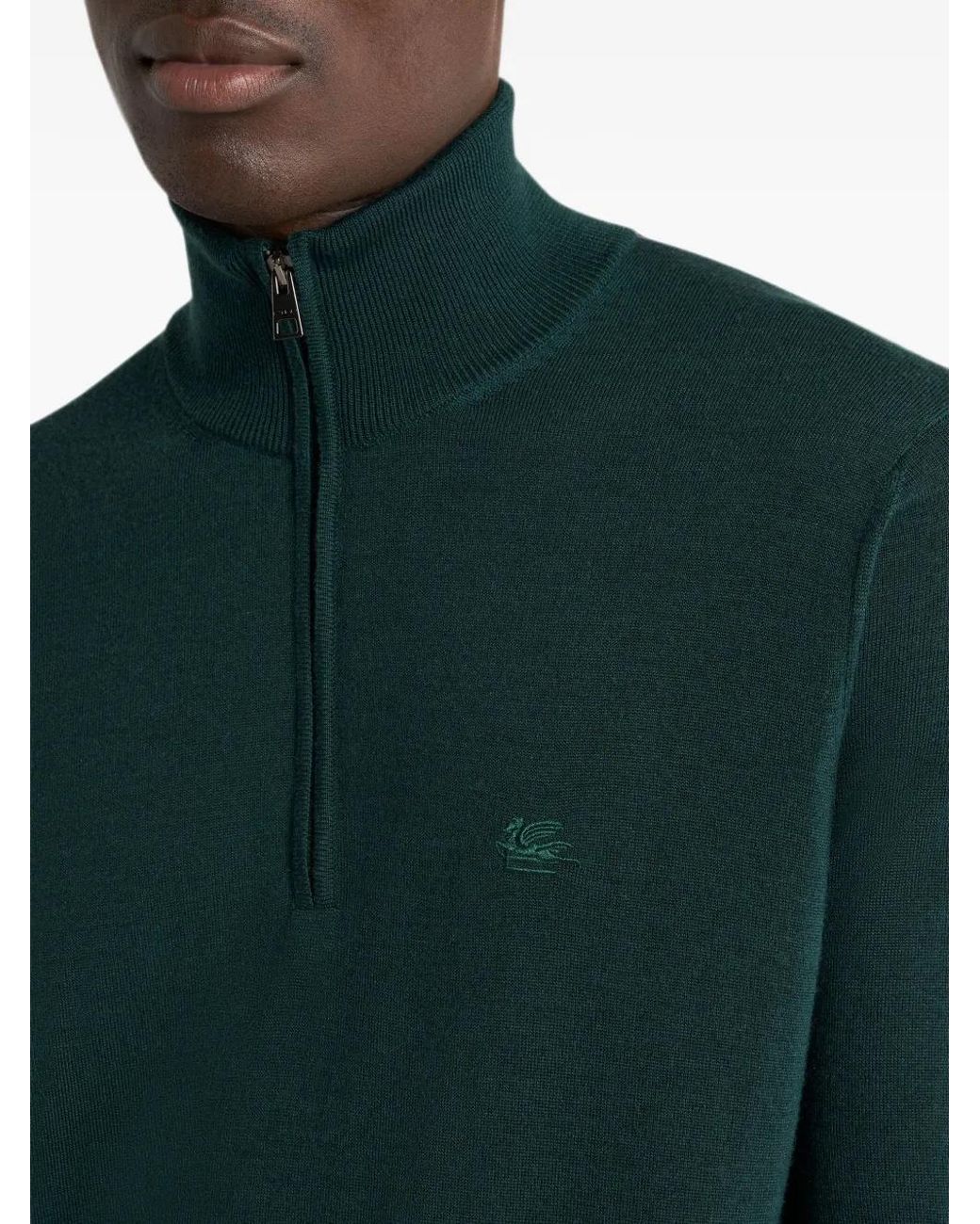 Etro Green Zip-Neck Logo Knitted Sweater for men