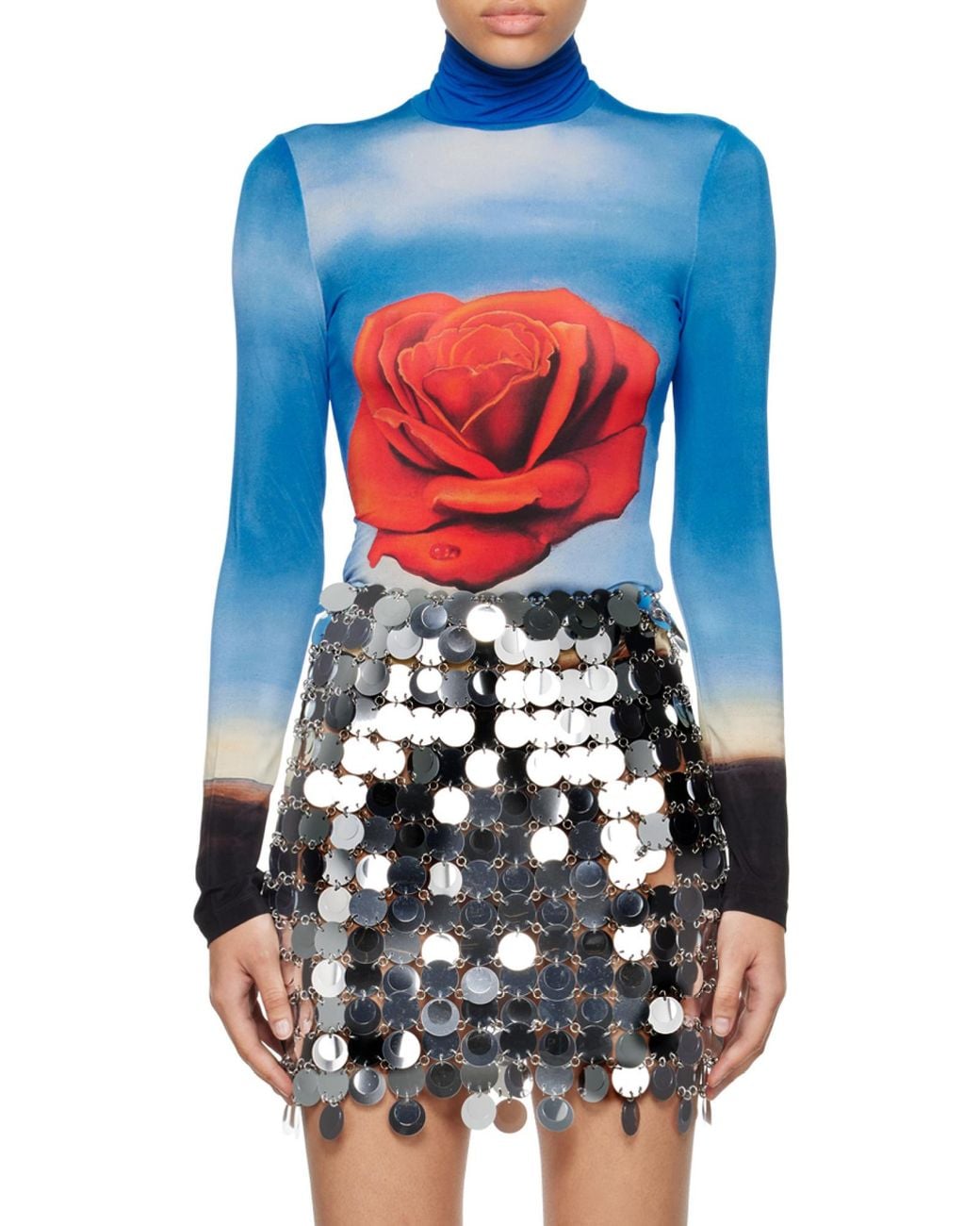 Rabanne Blue Rose Print Long-Sleeve Top