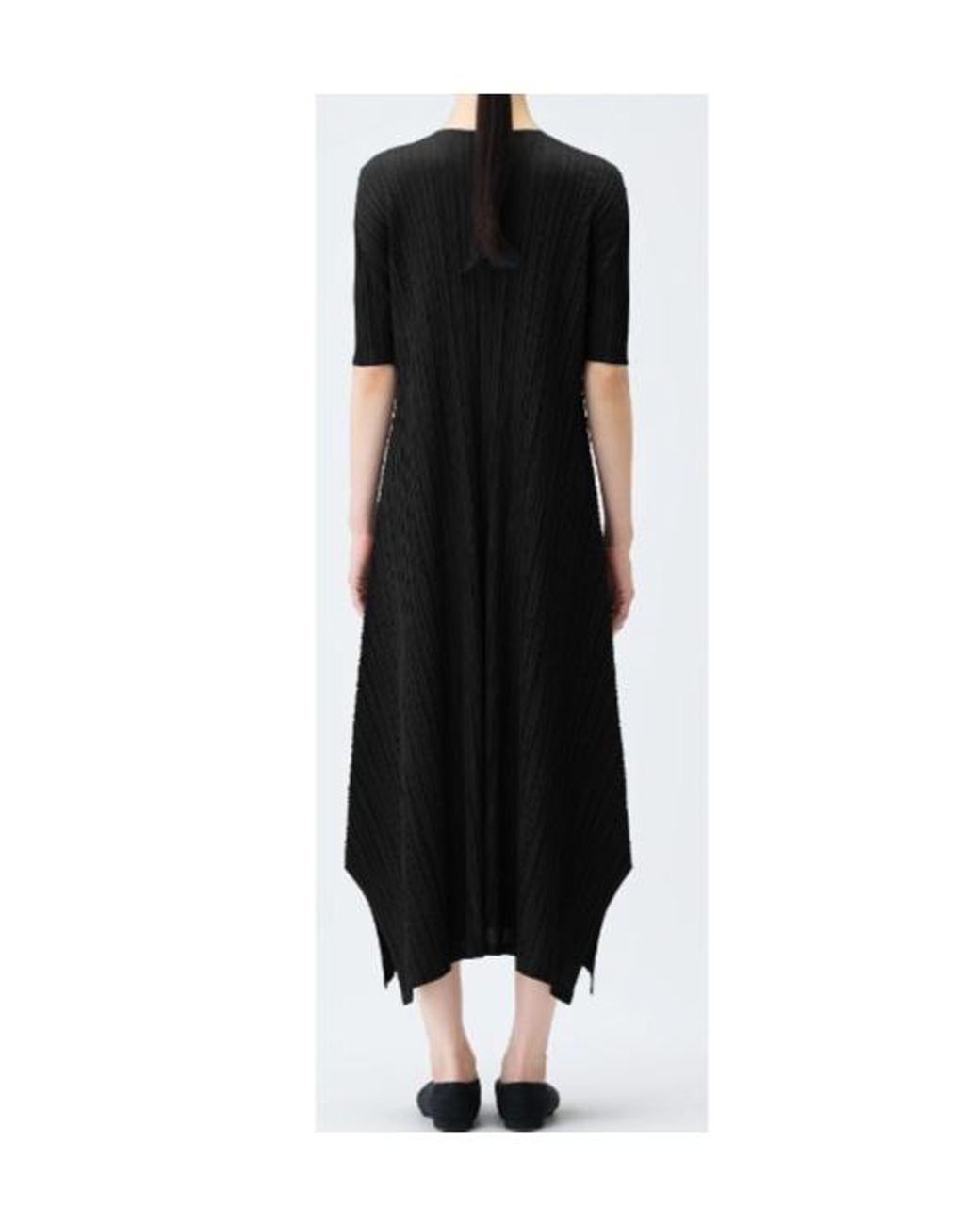 Pleats Please Issey Miyake Black Mellow Pleats V-Neck Asymmetric Dress