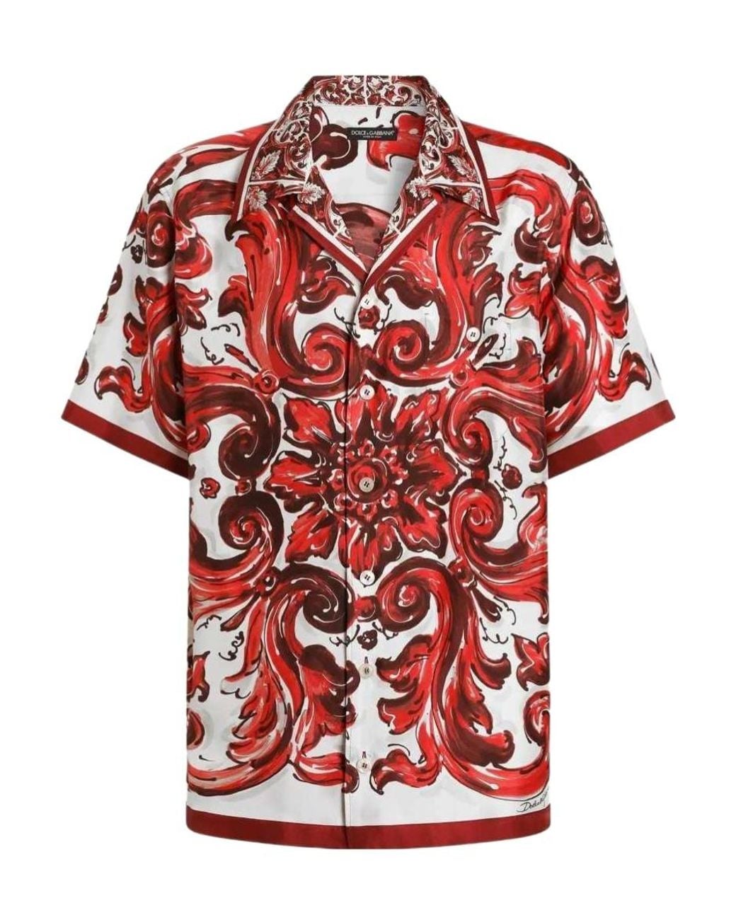 Dolce & Gabbana Red Silk Bowling Shirt for men