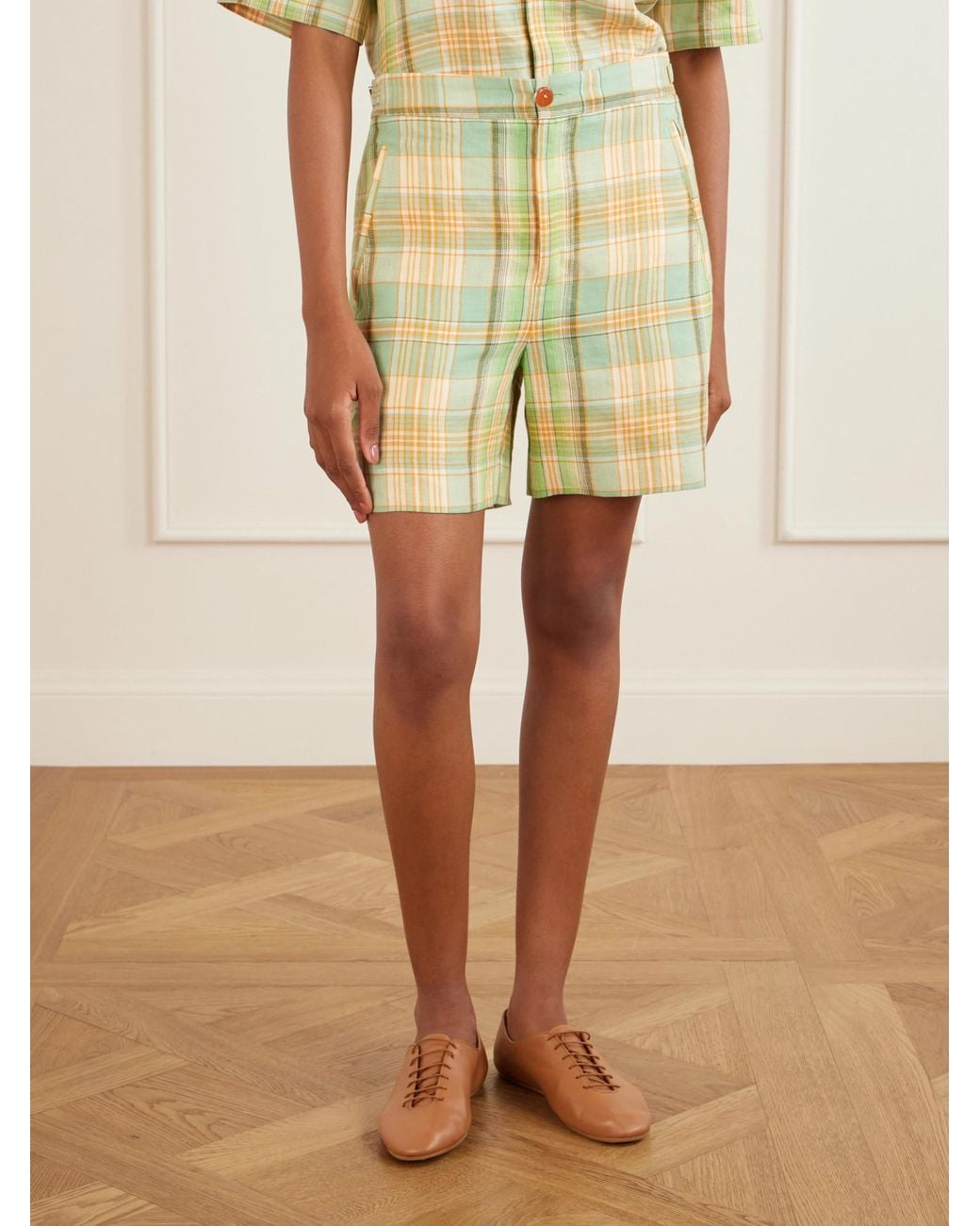 God's True Cashmere Yellow Lime Moss Checked Linen Shorts