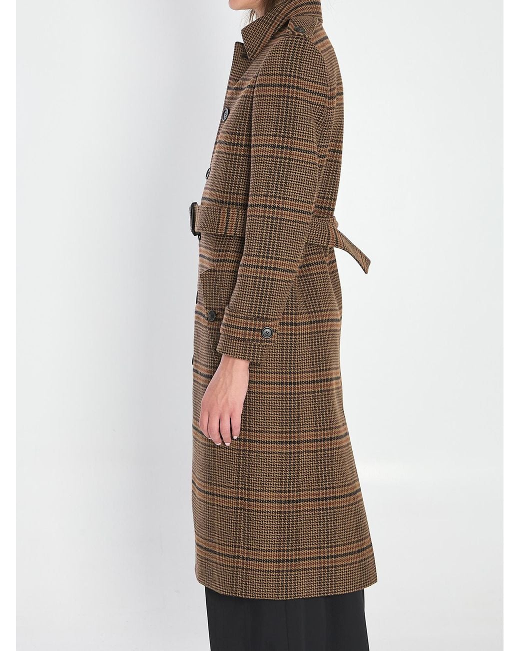 Saint Laurent Natural Prince Of Wales Belted Long Coat