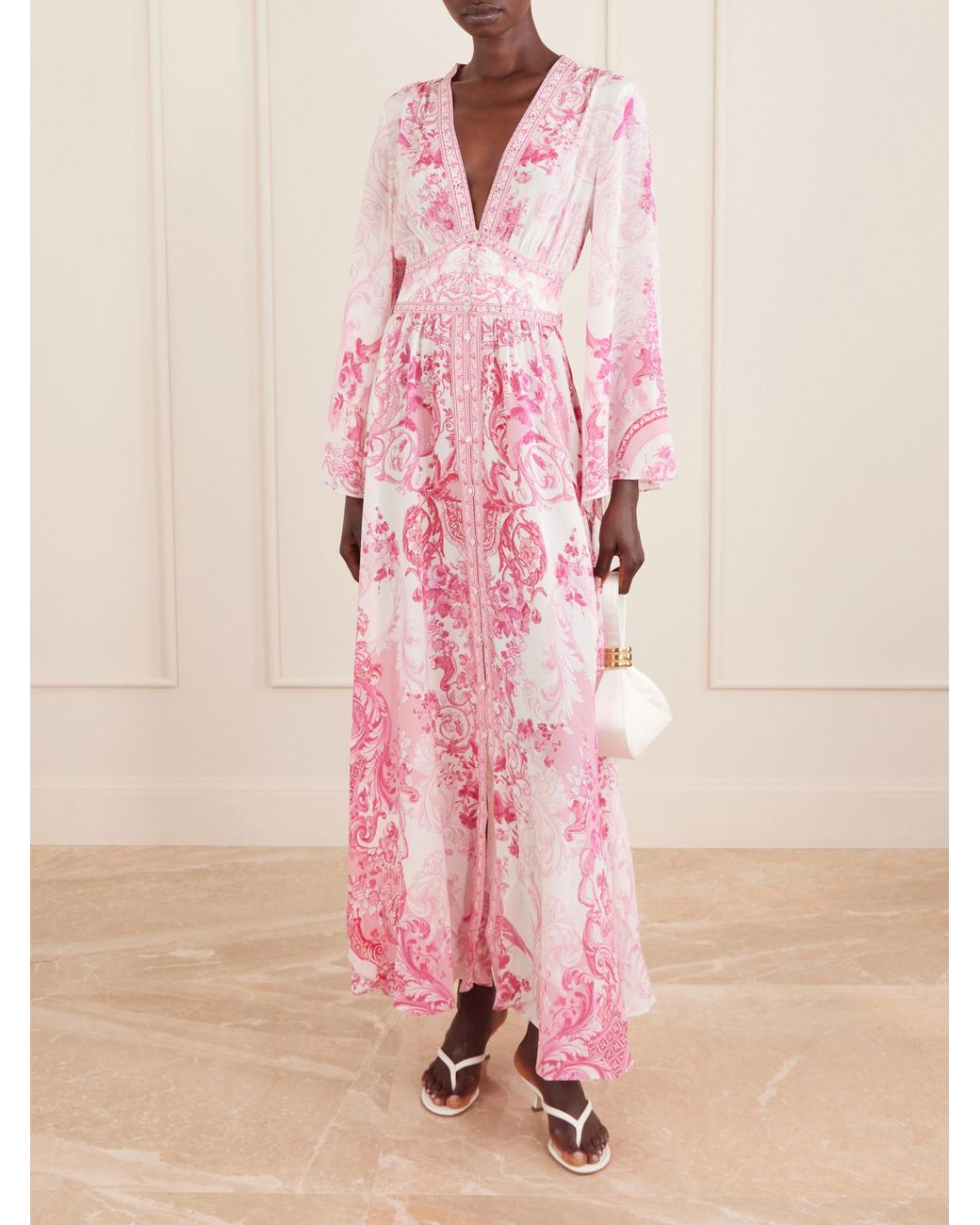 Camilla Pink Embellished Floral-Print Silk-Crepe Maxi Dress