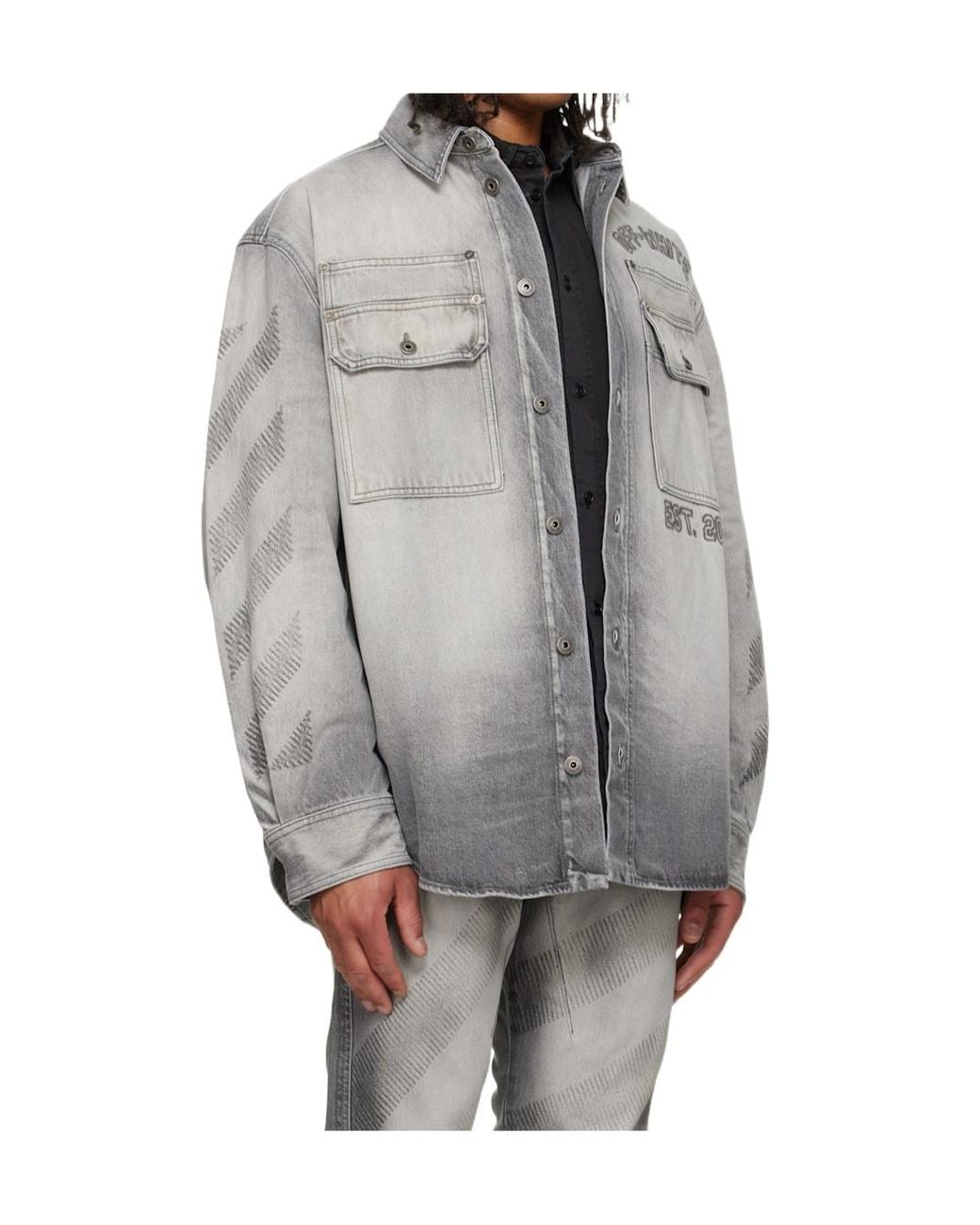 Off-White c/o Virgil Abloh Gray Diagonals-Print Embroidered Denim Military Jacket for men