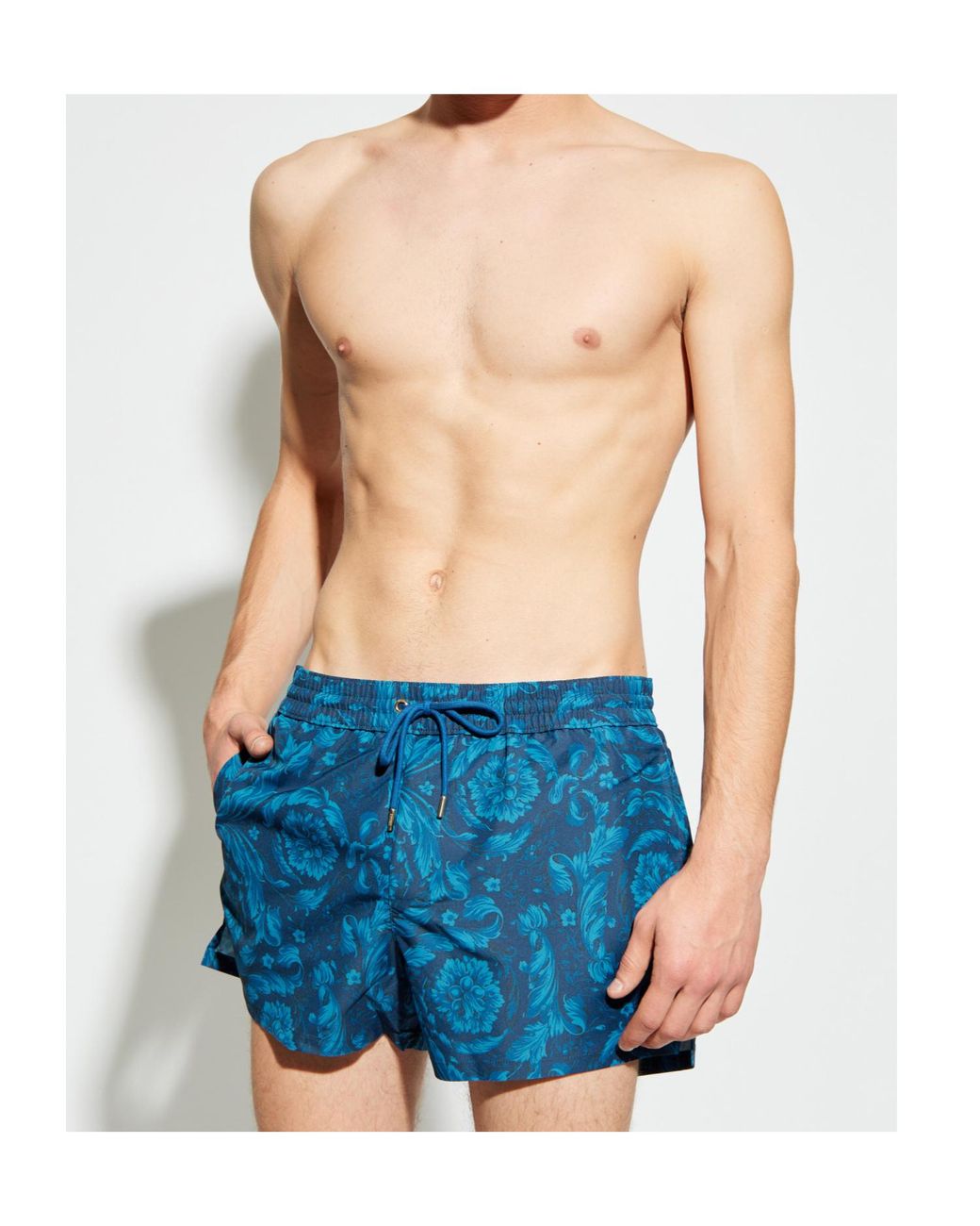 Versace Blue Floral-Motif Drawstring Swim Shorts for men