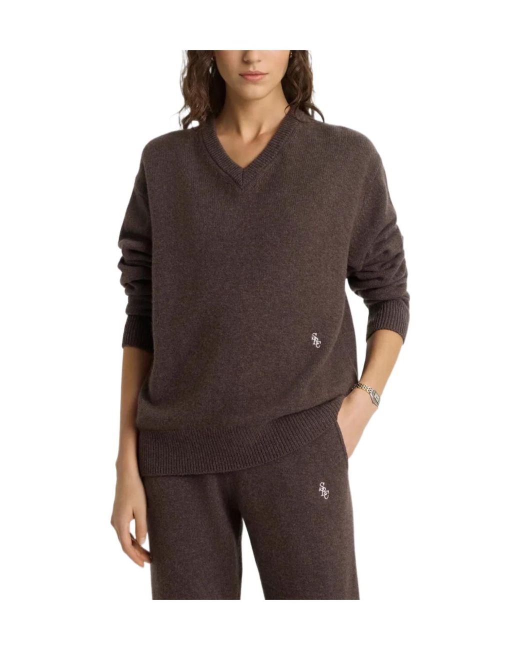Sporty & Rich Brown V-Neck Embroidered-Logo Sweater