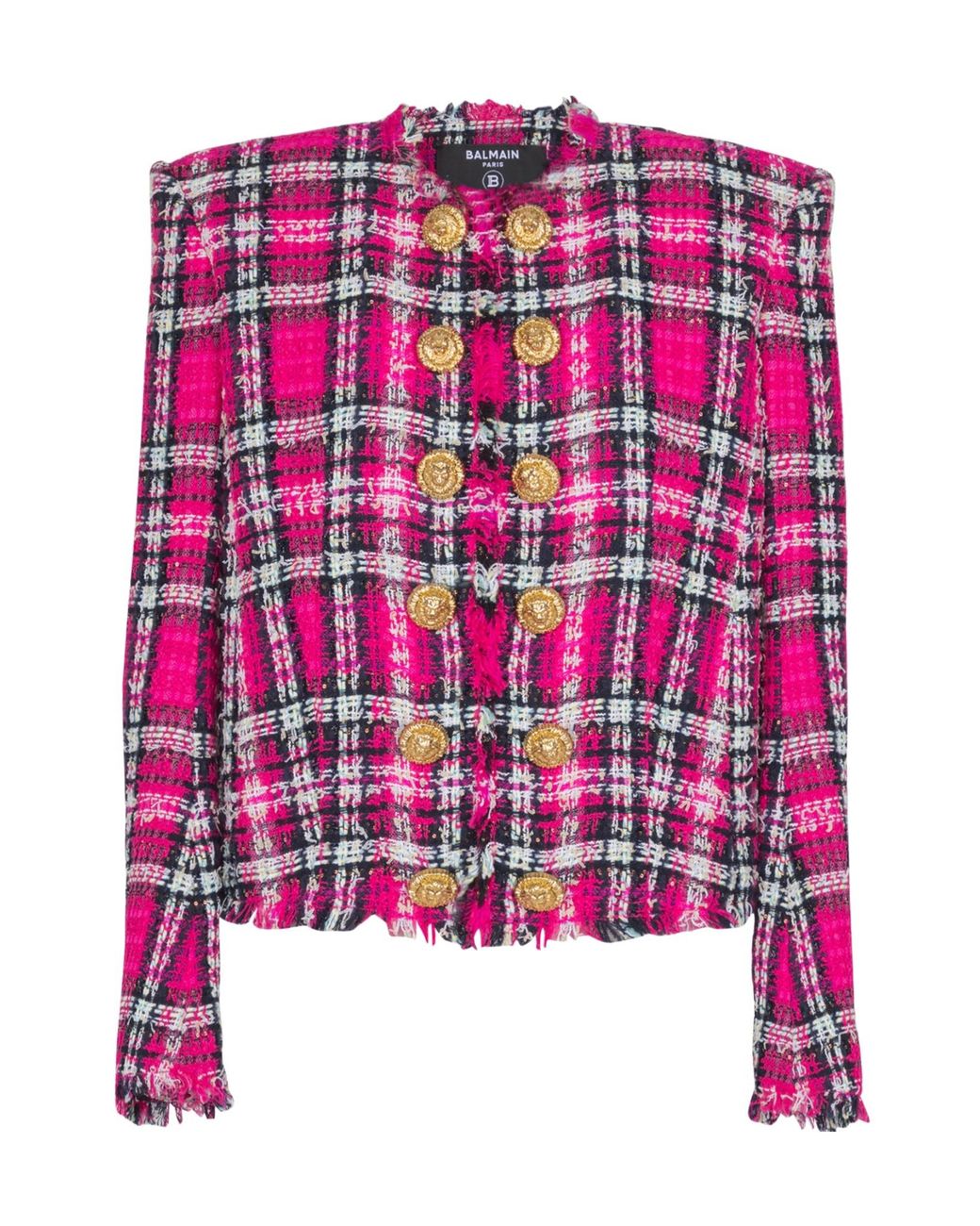 Balmain Pink Glitter Plaid Tweed Cropped Jacket