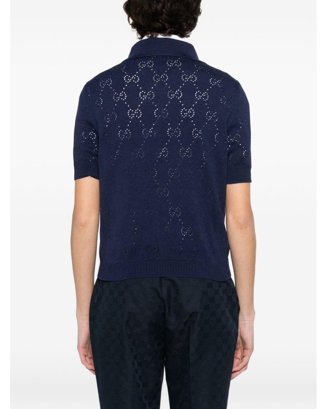 Gucci Blue Gg Short-Sleeved Ribbed Polo Shirt