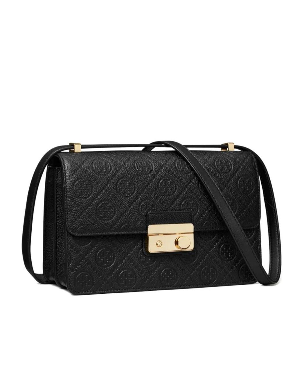 Tory Burch Black T-Monogram Embossed Leather Shoulder Bag