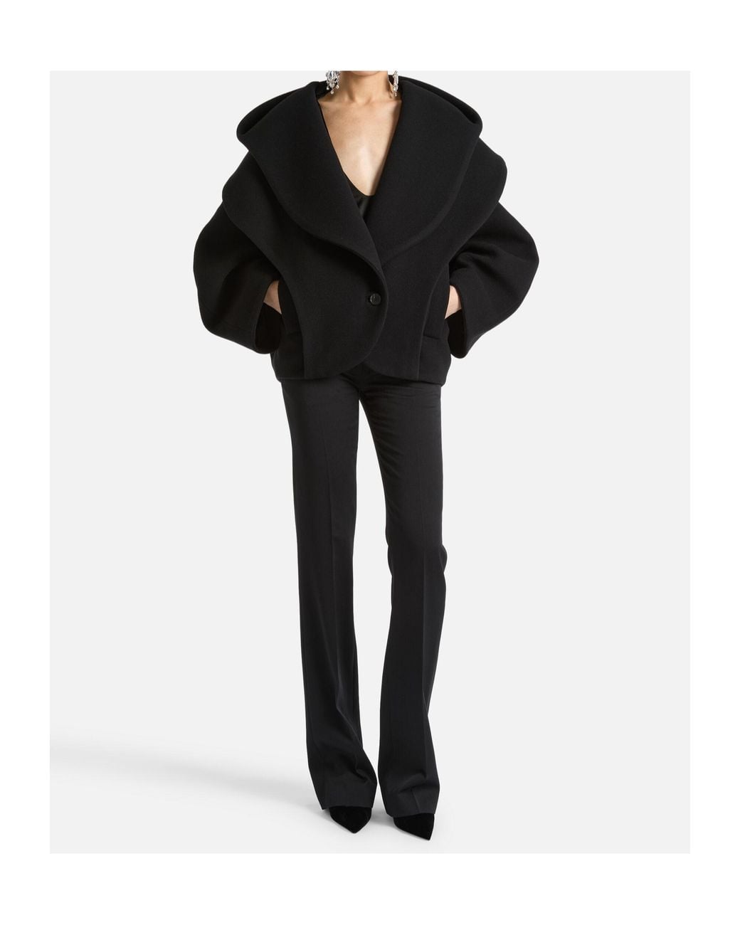 Balmain Black Oversized Wool Pea Coat With Hood