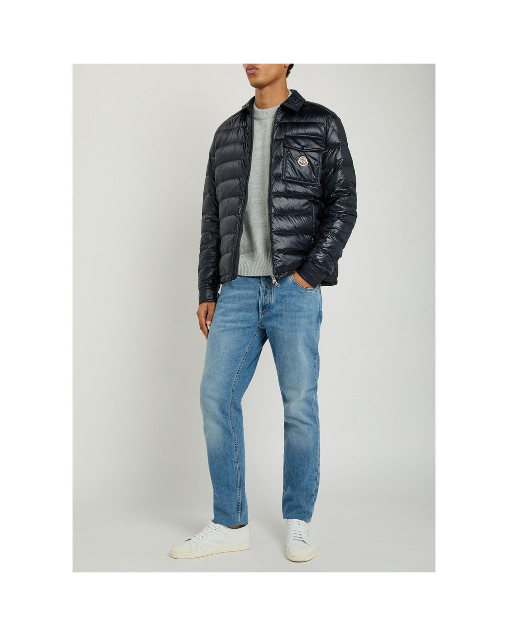 Moncler Blue Shiny Front Stand-Collar Quilted Down Jacket for men