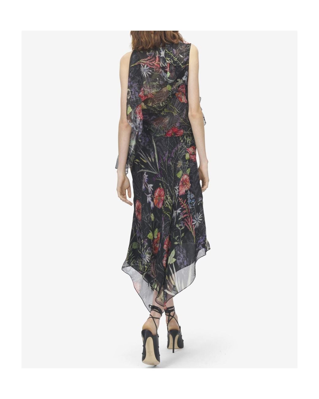McQueen Multicolor Meadow Floral Print Asymmetric Evening Dress