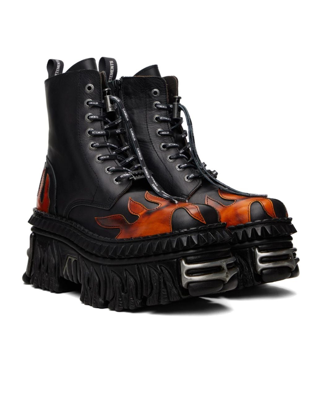 Vetements Black X New Rock Collaboration Flame Combat Lace-Up Ankle Boots for men