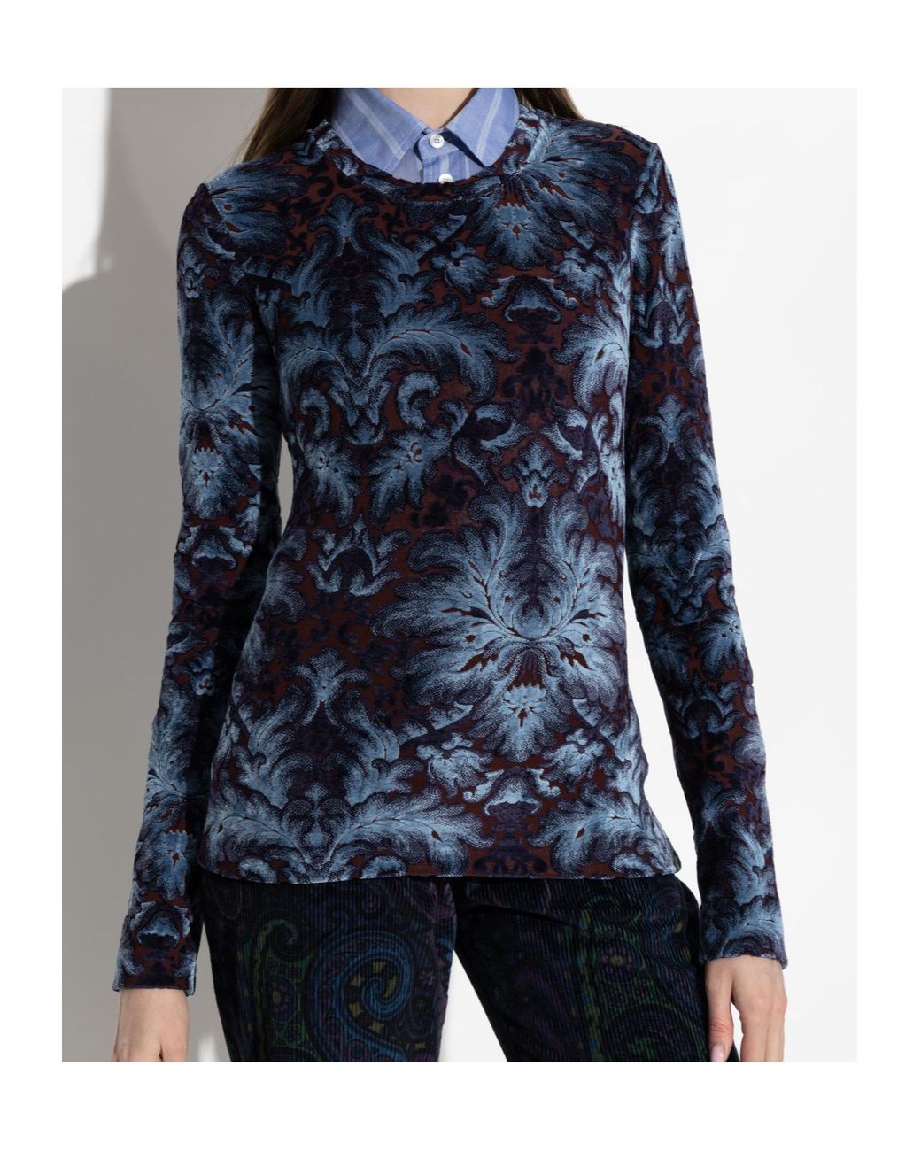 Etro Blue Floral Pattern Long Sleeved Top