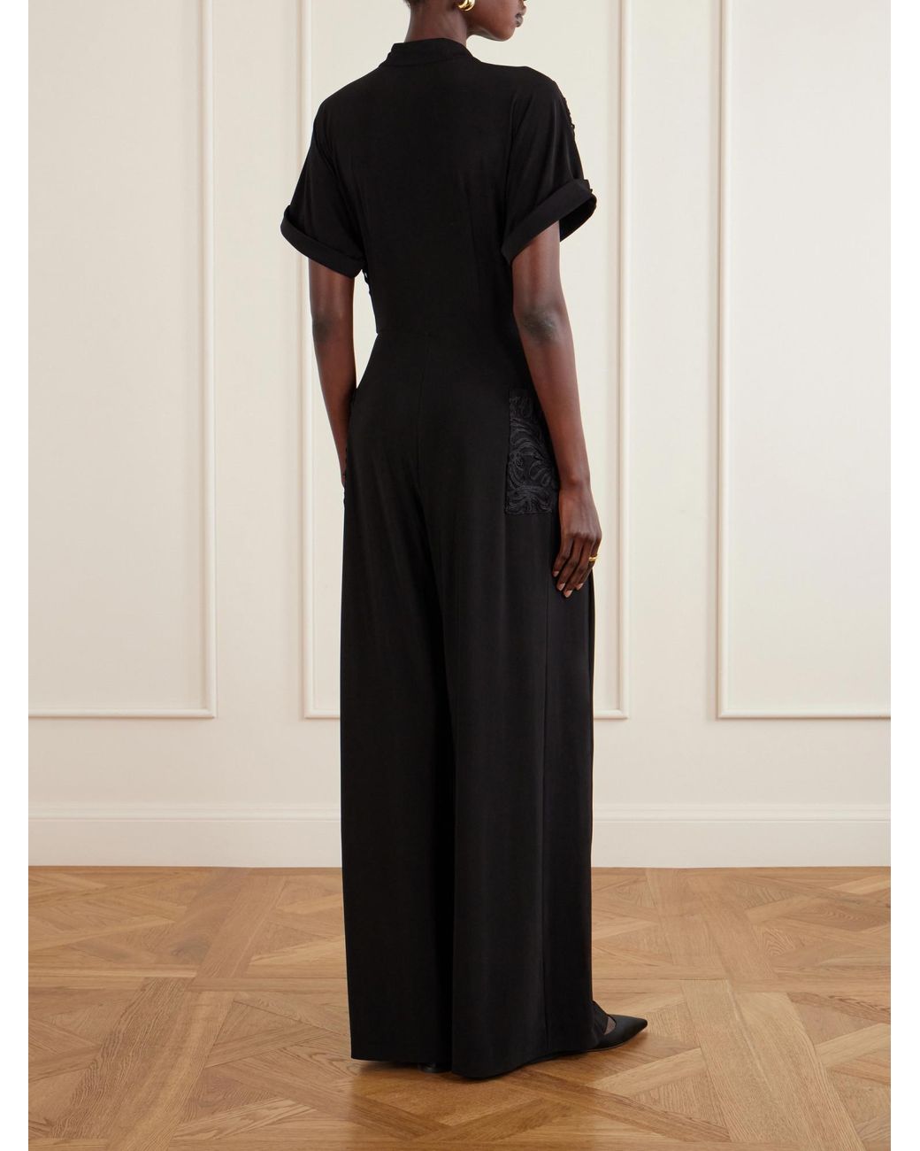Norma Kamali Black Embroidered Velvet Jumpsuit