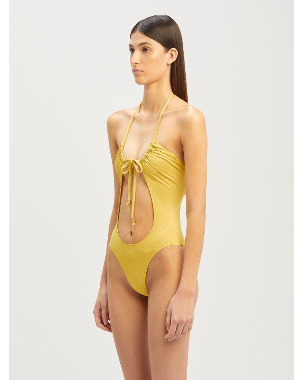 Palm Angels Yellow Halterneck Cut-Out Swimsuit