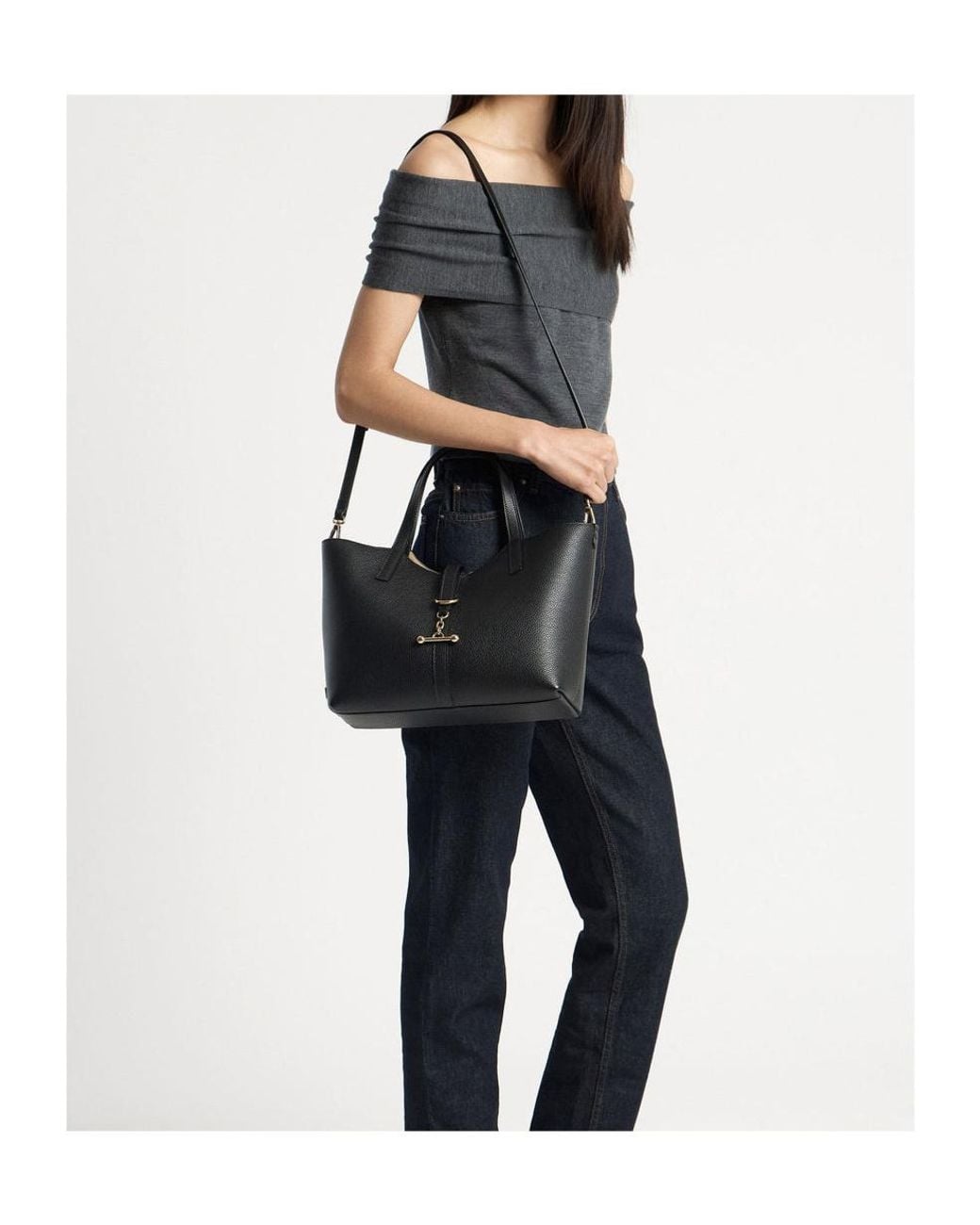 Strathberry Black Midi Kite Leather Bar-Detail Tote Bag