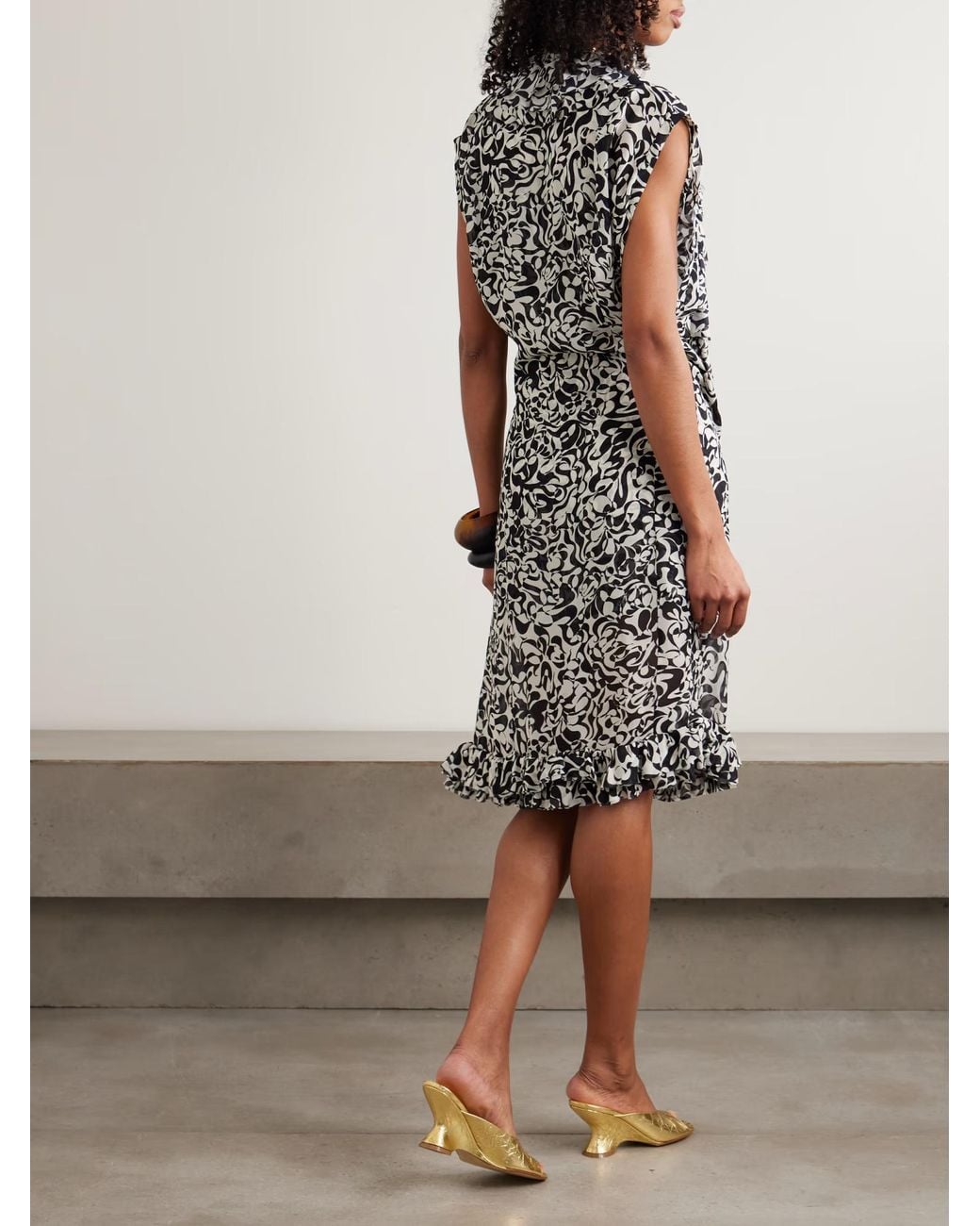 Dries Van Noten Black Ruffle Print Midi Wrap Dress