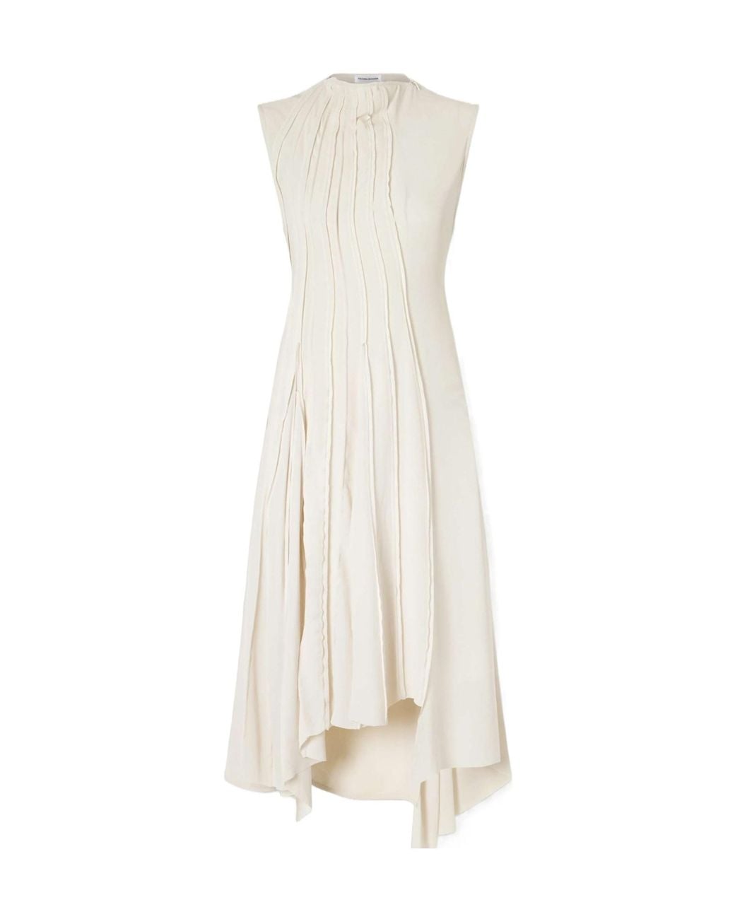 Victoria Beckham White Sleeveless Pleated Asymmetric Midi Dress
