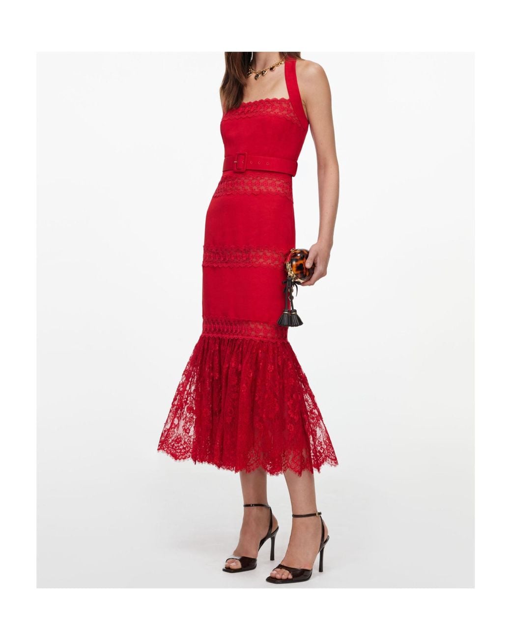 Self-Portrait Red Lace-Panelled Belted Midi Dress