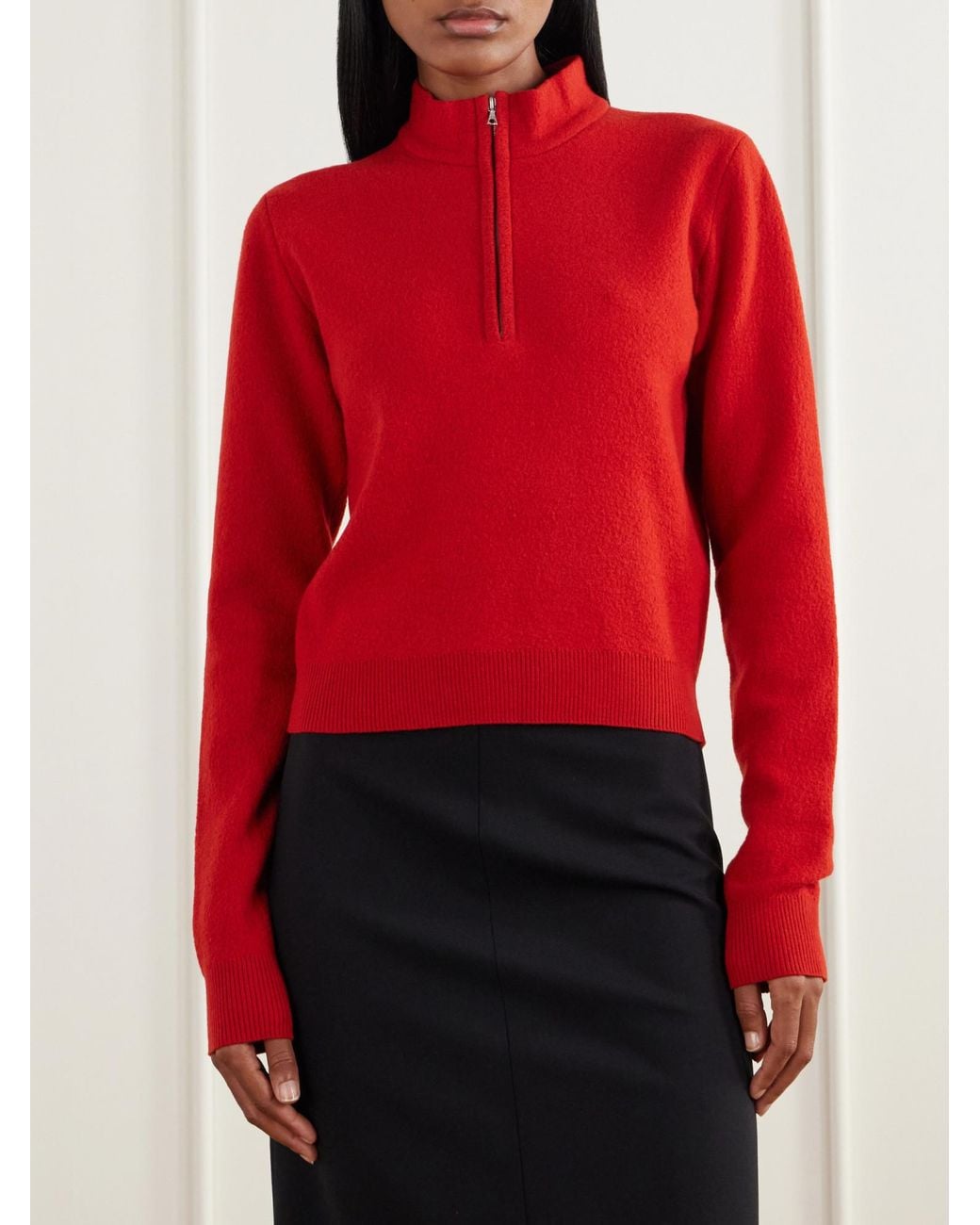 Auralee Red Wool Half-Zip Sweater